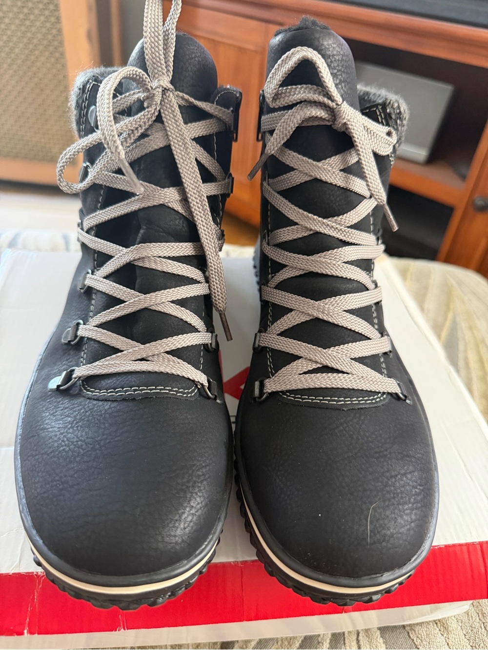 Rieker Black Winter Lace-Up Boots with Light Gray Laces